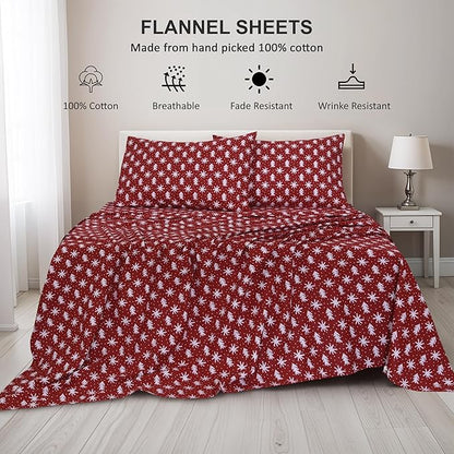 RUVANTI Flannel Sheets Twin Size - 100% Cotton Double Brushed Twin Sheets Set, Deep Pockets 16 Inches, All Seasons Breathable & Extra Soft Bed Sheets, Warm & Cozy, 3 Piece, Red Christmas
