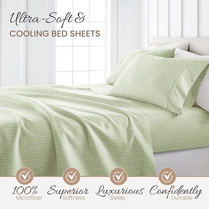 Linen Market Double-Brushed Patterned Microfiber Queen Sheet Set 4 Piece – Oeko-TEX Certified Ultra Soft & Wrinkle-Free - 16" Deep Pocket Sheets - Easy Care Queen Size - Puffed Chevron Sage