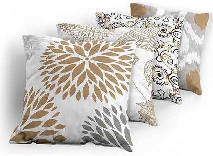 Ambesonne Vintage Throw Pillow Cushion Case Pack of 4, Bohemian Ornamental Leaves Dahlia Pattern Geometric Art Curlicue, Modern Accent Double-Sided Digital Printing, 24", Pale Brown Grey White