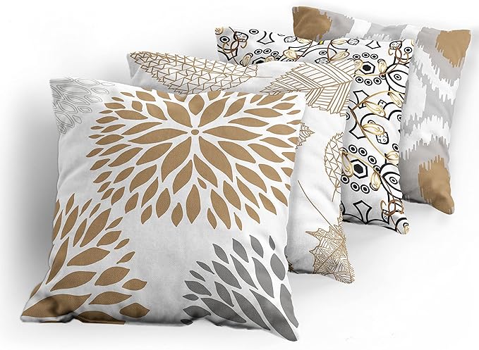 Ambesonne Vintage Throw Pillow Covers Pack of 4, Bohemian Ornamental Leaves Dahlia Pattern Geometric Curlicue, Modern for Home Accent Double-Sided Digital Printing Cases, 20", Pale Brown Grey White