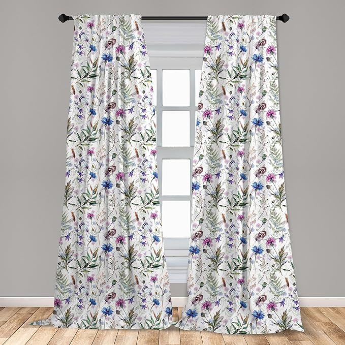 Ambesonne Thistle Window Curtains Pack of 2, Hand-Drawn Watercolor Style Summer Wildflowers Pattern as Cornflower and Thistle, Lightweight Set with Rod Pocket, 4 Panels of - 28" x 63", Green Blue