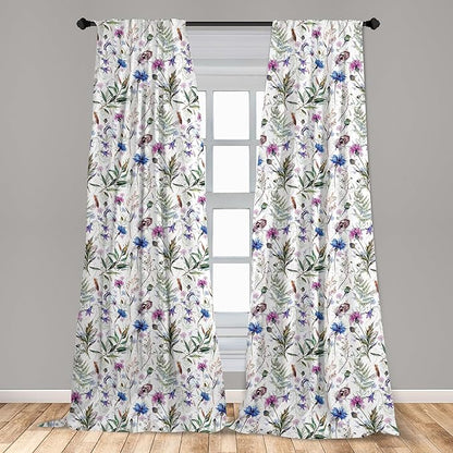 Ambesonne Thistle Window Curtains Pack of 2, Hand-Drawn Watercolor Style Summer Wildflowers Pattern as Cornflower and Thistle, Lightweight Set with Rod Pocket, 4 Panels of - 28" x 84", Green Blue