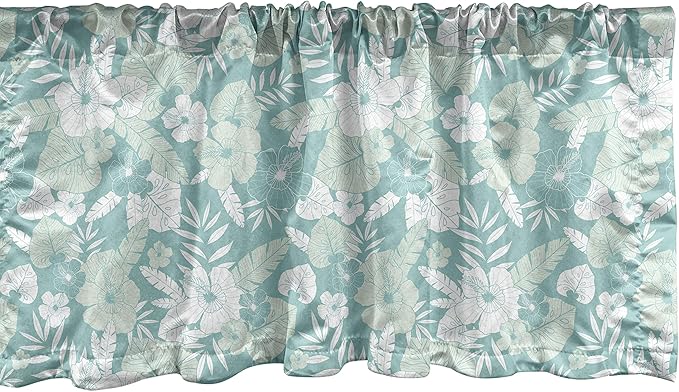 Lunarable Flower Window Valance, Hawaiian Floral Themed Tropical Hibiscus and Exotic Leaves, Curtain Valance for Kitchen Bedroom Decor with Rod Pocket, 54" X 18", Green Teal