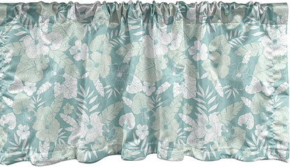 Lunarable Flower Window Valance, Hawaiian Floral Themed Tropical Hibiscus and Exotic Leaves, Curtain Valance for Kitchen Bedroom Decor with Rod Pocket, 54" X 18", Green Teal
