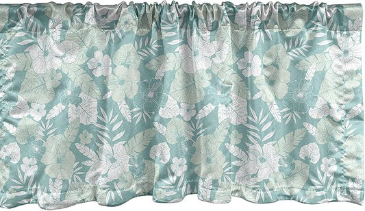 Lunarable Flower Window Valance, Hawaiian Floral Themed Tropical Hibiscus and Exotic Leaves, Curtain Valance for Kitchen Bedroom Decor with Rod Pocket, 54" X 18", Green Teal