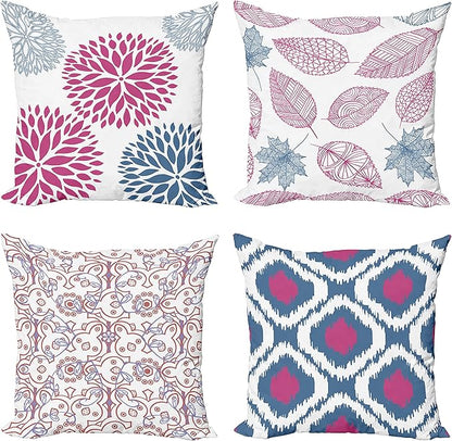 Ambesonne Vintage Throw Pillow Cushion Case Pack of 4, Bohemian Ornamental Leaves Dahlia Pattern Geometric Art Curlicue Motif, Modern Accent Double-Sided Digital Printing, 24", Pink and Dark Sky Blue