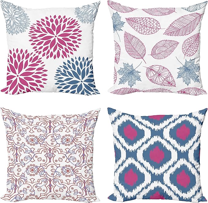 Ambesonne Vintage Throw Pillow Cushion Case Pack of 4, Bohemian Ornamental Leaves Dahlia Pattern Geometric Art Curlicue Motif, Modern Accent Double-Sided Digital Printing, 18", Pink and Dark Sky Blue