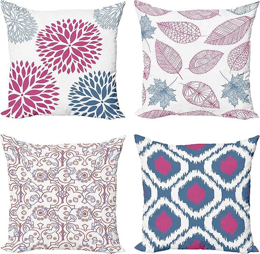 Ambesonne Vintage Throw Pillow Cushion Case Pack of 4, Bohemian Ornamental Leaves Dahlia Pattern Geometric Art Curlicue Motif, Modern Accent Double-Sided Digital Printing, 18", Pink and Dark Sky Blue