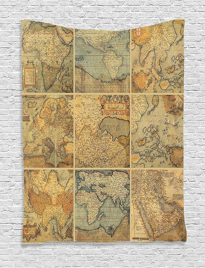 Ambesonne World Map Tapestry, Retro Rustic Collage of Antique Old Atlas Scenes Vintage Group of The Civilization Concept Print, Wall Hanging for Bedroom Living Room Dorm Decor, 60" X 80", Pastel Beige