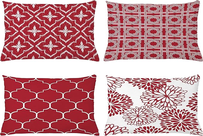 Ambesonne Vintage Throw Pillow CushiCase Pack 4, Monochrome Design Grid Trellis Quatrefoil Mesh Dahlia Flowers Modern Print, Modern Accent Double-Sided Digital Printing, 20" x 12", Ruby and White