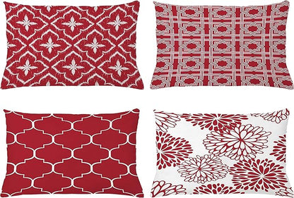 Ambesonne Vintage Throw Pillow CushiCase Pack 4, Monochrome Design Grid Trellis Quatrefoil Mesh Dahlia Flowers Modern Print, Modern Accent Double-Sided Digital Printing, 20" x 12", Ruby and White