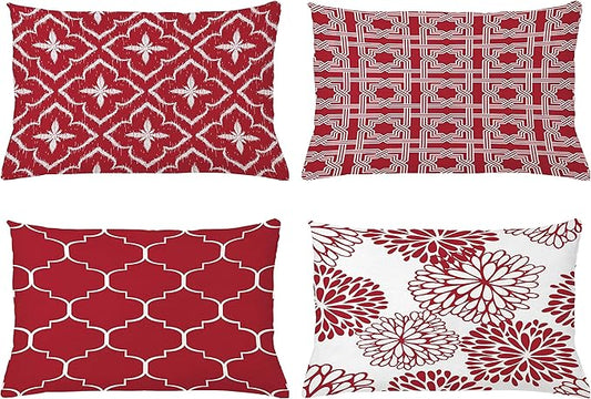 Ambesonne Vintage Throw Pillow CushiCase Pack 4, Monochrome Design Grid Trellis Quatrefoil Mesh Dahlia Flowers Modern Print, Modern Accent Double-Sided Digital Printing, 20" x 12", Ruby and White