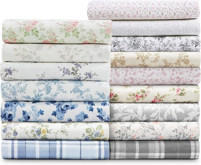 Laura Ashley - Flannel Sheets King Size, Anti-Pilling & Wrinkle Resistant Cotton, Touchably Soft for All-Season Comfort - Bed Sheets with Matching Pillowcases & Fitted Sheet (Faye Toile Black)
