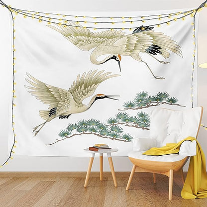 Lunarable Bird Tapestry, 2 Japanese Cranes Flying Traditional Painting Style Far Eastern Illustration, Fabric Wall Hanging Decor for Bedroom Living Room Dorm, 30" X 45", Ivory Green Black