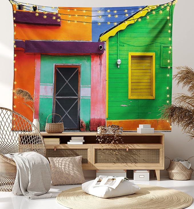 Lunarable Mexican Tapestry, Caribbean Houses in Vibrant Color Scheme in Isla Mujeres Mexico Latin America Photo, Wall Hanging for Bedroom Living Room Dorm Decor, 40" X 60", Green Pink