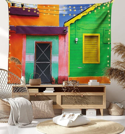 Lunarable Mexican Tapestry, Caribbean Houses in Vibrant Color Scheme in Isla Mujeres Mexico Latin America Photo, Wall Hanging for Bedroom Living Room Dorm Decor, 40" X 60", Green Pink