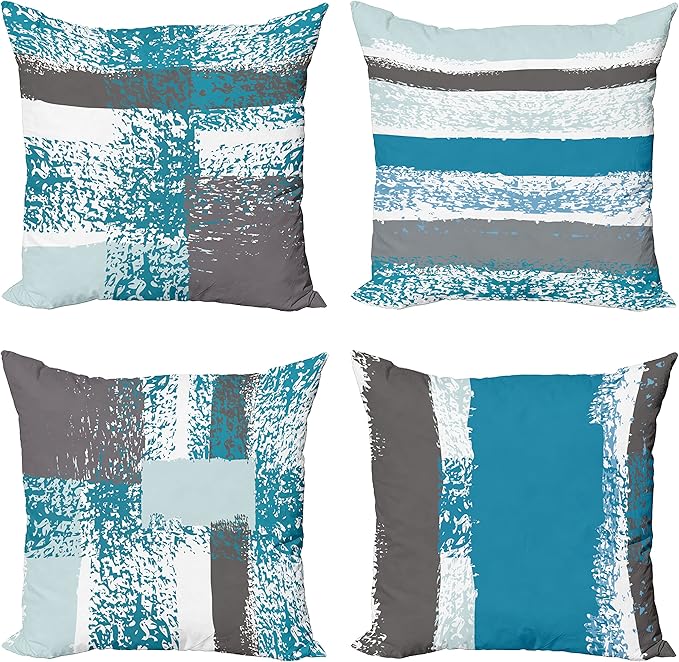 Ambesonne Grunge Throw Pillow Cushion Case Pack of 4, Abstract Design Simplistic Minimal Stripes Brushstrokes Contemporary, Modern Accent Double-Sided Digital Printing, 16", Sea Blue Grey and White