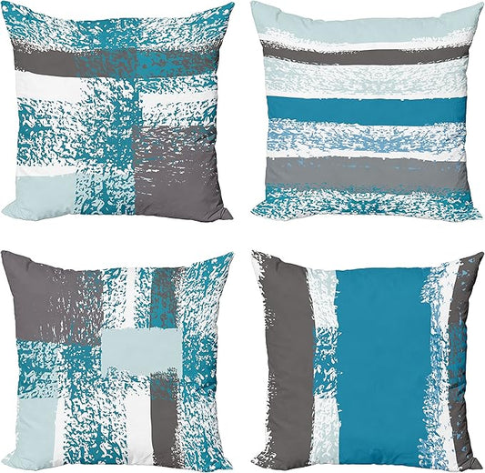 Ambesonne Grunge Throw Pillow Cushion Case Pack of 4, Abstract Design Simplistic Minimal Stripes Brushstrokes Contemporary, Modern Accent Double-Sided Digital Printing, 16", Sea Blue Grey and White