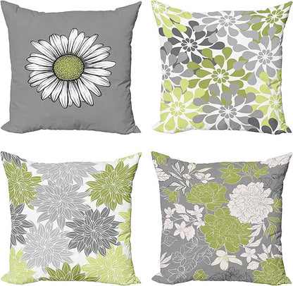 Ambesonne Floral Throw Pillow Cushion Case Pack of 4, Flower Petals Color Palette Chamomile Peony Dahlia and Sunflower, Accent Double-Sided Digital Printing, 20", Grey Pastel Green