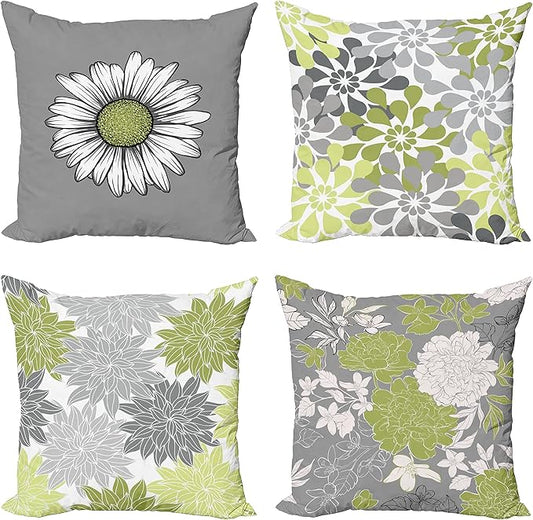 Ambesonne Floral Throw Pillow Cushion Case Pack of 4, Flower Petals Color Palette Chamomile Peony Dahlia and Sunflower, Accent Double-Sided Digital Printing, 20", Grey Pastel Green
