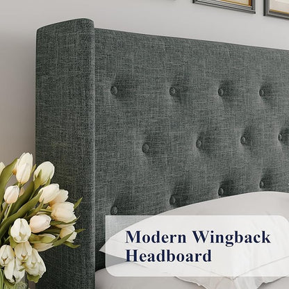 Allewie Full Size Lift Up Storage Bed, Button Tufted Headboard with Wingback, Hydraulic Support, No Box Spring Needed, Dark Grey