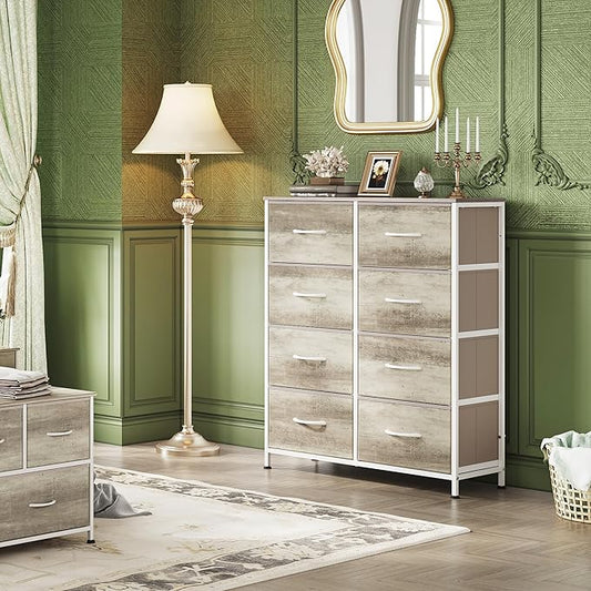 WLIVE Fabric Dresser for Bedroom, Tall Dresser with 8 Drawers, Storage Tower with Fabric Bins, Double Dressers, Chest of Drawers for Closet, Living Room, Hallway, Greige