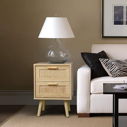 Finnhomy Nightstand, End Table, Side Table with 2 Hand Made Rattan Decorated Drawers, Wood Accent Table with Storage for Bedroom, Natural (Patented)