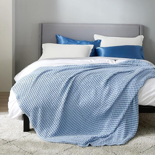 Bedsure Cooling Cotton Waffle Queen Size Blanket - Lightweight Breathable Blanket of Rayon Derived from Bamboo for Hot Sleepers, Luxury Throws for Bed, Couch and Sofa, Sky Blue, 90x90 Inches