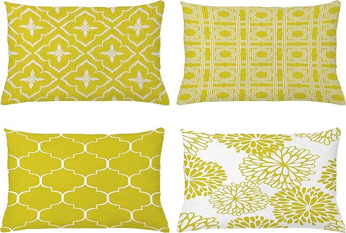 Ambesonne Vintage Throw Pillow CushiCase Pack 4, Monochrome Design Grid Trellis Quatrefoil Mesh Dahlia Flowers Modern Print, Modern Accent Double-Sided Digital Printing, 20" x 12", Yellow White