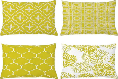 Ambesonne Vintage Throw Pillow CushiCase Pack 4, Monochrome Design Grid Trellis Quatrefoil Mesh Dahlia Flowers Modern Print, Modern Accent Double-Sided Digital Printing, 20" x 12", Yellow White