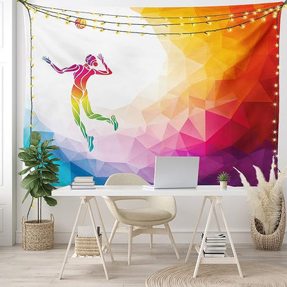 Lunarable Volleyball Tapestry, Colorful Polygonal Background Triangles Jumping Woman Striking The Ball, Wide Wall Hanging for Bedroom Living Room Dorm, 80" X 60", Purple Blue
