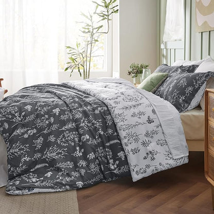 Bedsure Twin/Twin XL Comforter Set - Dark Grey Bed Set, 2 Pieces Cute Floral Bedding, 1 Soft Reversible Botanical Flowers Comforter and 1 Pillow Sham