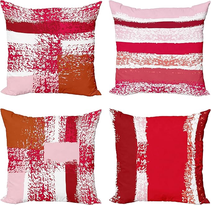 Ambesonne Grunge Throw Pillow Cushion Case Pack of 4, Abstract Design Simplistic Minimal Stripes Brushstrokes Contemporary, Modern Accent Double-Sided Digital Printing, 16", Rose Magenta and Dark Pink