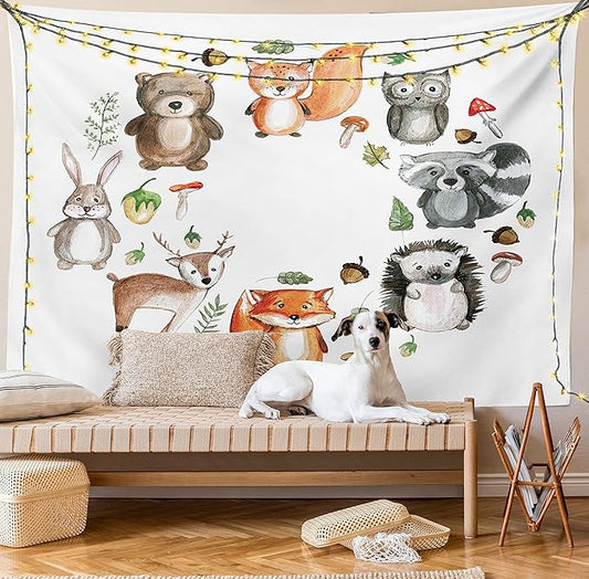 Lunarable Woodland Tapestry, Animals of The Forest Mushrooms Acorns Circular Frame Cartoon Pastel Colors, Wide Wall Hanging for Bedroom Living Room Dorm, 60" X 40", Multicolor