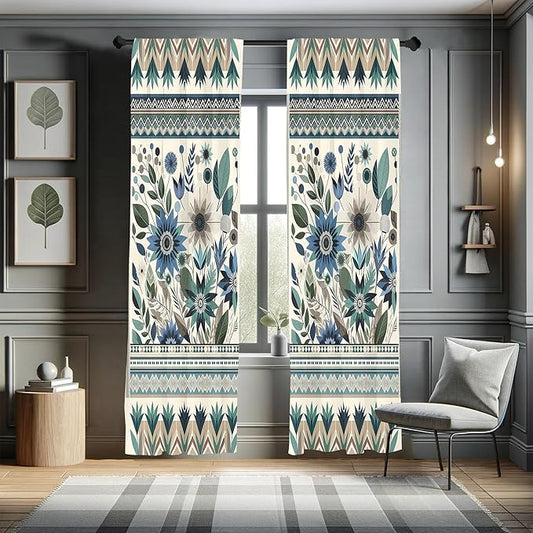 Ambesonne Art Floral Curtains, Gentle Flowers and Leaves of Spring Garden with Ethnic Boho Details, Window Treatments 2 Panel Set for Living Room Bedroom, Pair of - 28" x 63", Eggshell Laurel Green