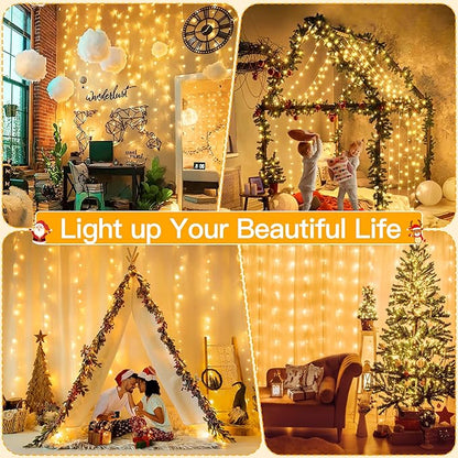 Ollny Christmas Curtain Lights 300 LED 9.8 FTx9.8 FT, Outdoor Waterproof Curtain String Lights with Remote Timer 8 Modes, USB Waterfall Window Lights for Wall Backdrop Home Decorations (Warm White)