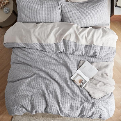 Bedsure Cotton Duvet Cover Set - 100% Cotton Waffle Weave Grey Duvet Cover California King Size, GentleSoft™ and Breathable Cal King Bedding Set for All Season, 3 Pieces, 104"x98"