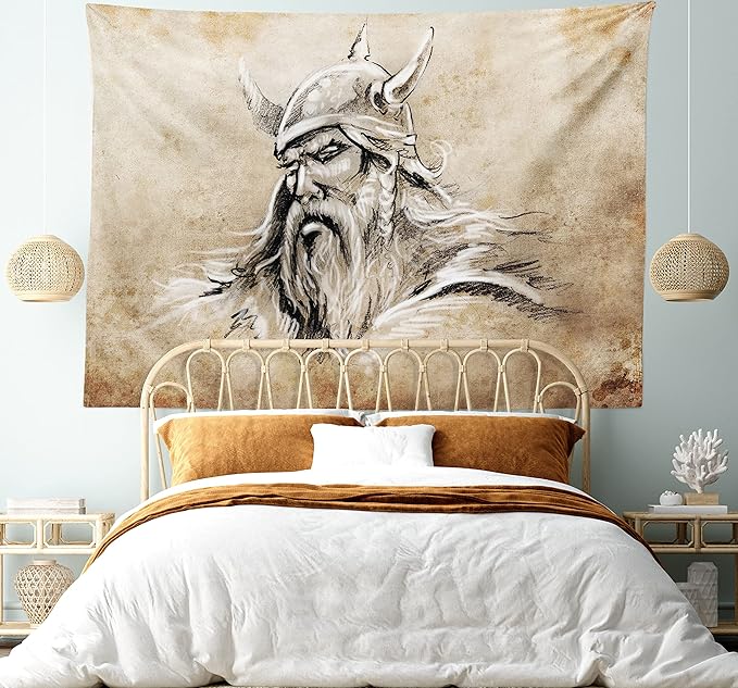 Lunarable Viking Tapestry, Sketch Style Scandinavian Warrior with Beard and Hat Masculine Portrait Tattoo, Wide Wall Hanging for Bedroom Living Room Dorm, 60" X 40", Beige Tan