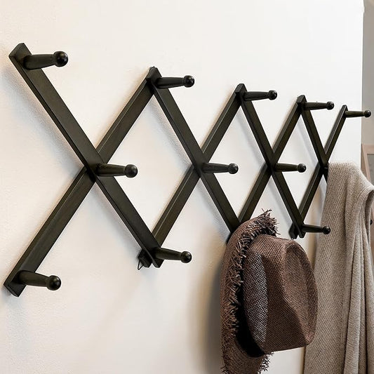 SKOLOO Hat Rack for Wall with 14 Hooks, Solid Wooden, Modern, Expandable Coat Rack Wall Mount for Coats, Hats, Bags, Baseball Caps, Dark Walnut Color