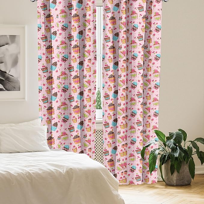 Ambesonne Pink Window Curtains, Kitchen Cupcakes Muffins Strawberries and Cherries Food Eating Sweets Print, Lightweight Decor 2-Panel Set with Rod Pocket, Pair of - 28" x 84", Brown Pink