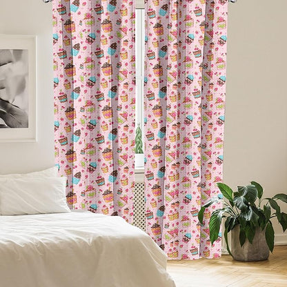 Ambesonne Pink Window Curtains, Kitchen Cupcakes Muffins Strawberries and Cherries Food Eating Sweets Print, Lightweight Decor 2-Panel Set with Rod Pocket, Pair of - 28" x 84", Brown Pink