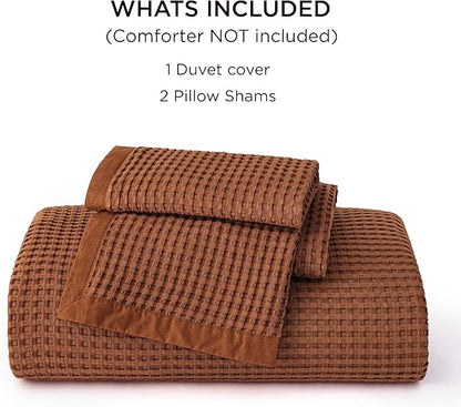 Bedsure Cooling Waffle Duvet Cover Queen - Cotton Blend Rayon Derived from Bamboo Duvet Cover Set for Hot Sleepers, Breathable Bedding Set With a Vintage Charm, 3 Pieces (Burnt Orange, Queen, 90"x90")