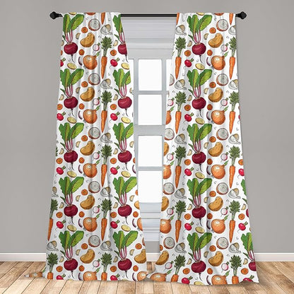Ambesonne Vegetables 2 Panel Curtain Set, Continuous Pattern of Sketchy Painted Healthy Natural Tasty Food Illustration, Window Treatment Living Room Bedroom Decor, Pair of - 28" x 63", Green Orange