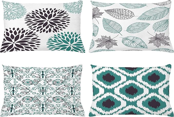 Ambesonne Vintage Throw Pillow CushiCase Pack 4, Bohemian Ornamental Leaves Dahlia Pattern Geometric Art Curlicue Motif, Modern Accent Double-Sided Digital Printing, 20" x 12", Teal Indigo and White
