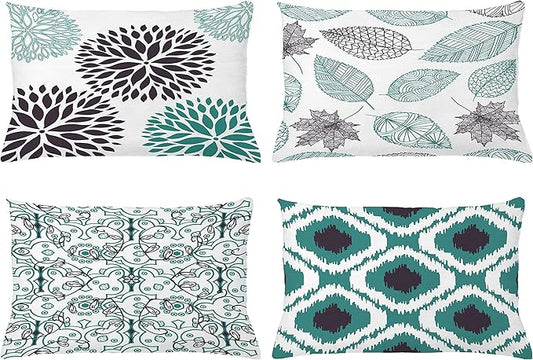 Ambesonne Vintage Throw Pillow CushiCase Pack 4, Bohemian Ornamental Leaves Dahlia Pattern Geometric Art Curlicue Motif, Modern Accent Double-Sided Digital Printing, 20" x 12", Teal Indigo and White