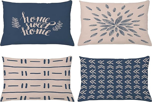 Ambesonne Modern Throw Pillow CushiCase Pack 4, Scandinavian Minimal Ornaments Boho Feather Leaves Home Phrase, Modern Accent Double-Sided Digital Printing, 20" x 12", Pale Tan and Slate Blue