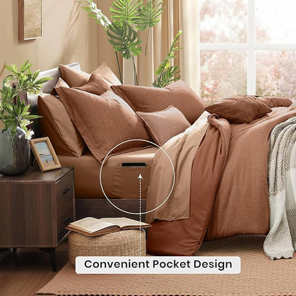Monbix Oversized Queen Comforter Set - 7 Pieces Cationic Dyeing Autumn Leaf Bed in a Bag Bedding Sets with Comforter, Sheets, Pillowcases & Shams, Reversible Bedding Comforters Sets