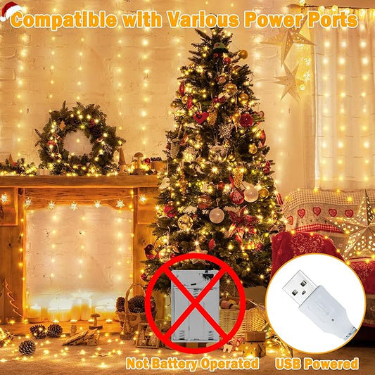 Ollny Silver Copper Wire Fairy Lights Curtain 200 LED 6.6x6.6ft, USB Warm White Curtain Lights with Hook, Waterproof Window Light for Bedroom Backdrop Wall Outdoor Indoor Decorations