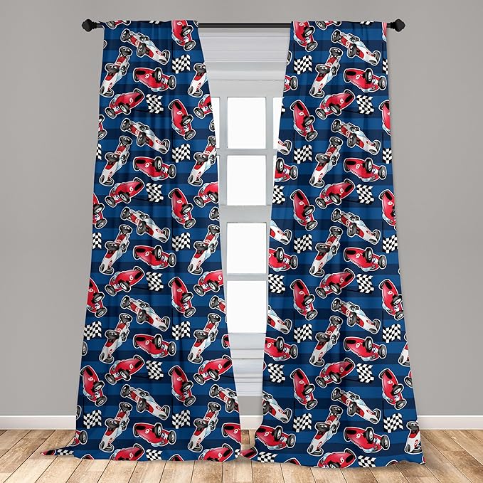 Ambesonne Cars Window Curtains Pack of 2, Vintage Racing Cars on Blue Stripes with Checkered Flags Automobile Sports, Lightweight Set with Rod Pocket, 4 Panels of - 28" x 84", Navy Blue