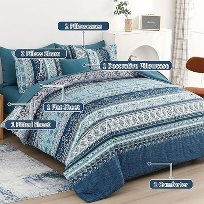 Boho Comforter Set King Size 8 Pieces, Teal Blue Comforter Bohemian Striped Bed in A Bag, Soft Microfiber Bedding Set for All Seasons